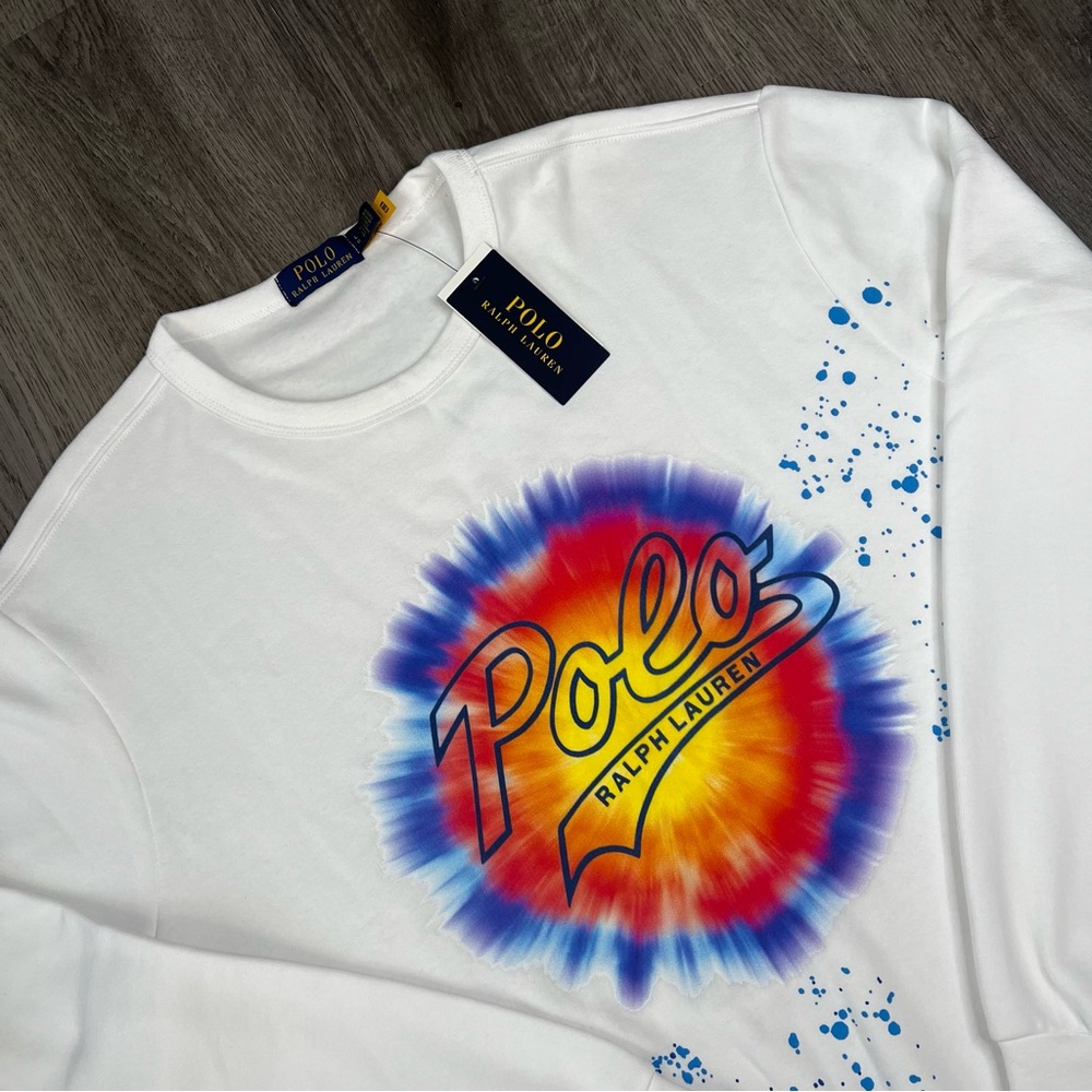 New Polo Ralph Lauren Mens Logo Tie-Dye Print Fleece Sweatshirt White L $198